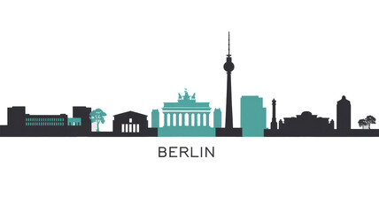 Obraz premium A minimalist vector illustration of the Berlin Germany, skyline with in a white background. The design uses simple shapes and lines.There are silhouettes of buildings in grey and turquoise.