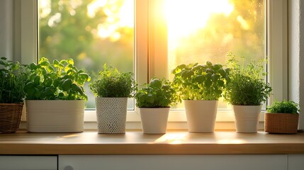 Fototapeta premium Windowsill with potted plants and sunlight.