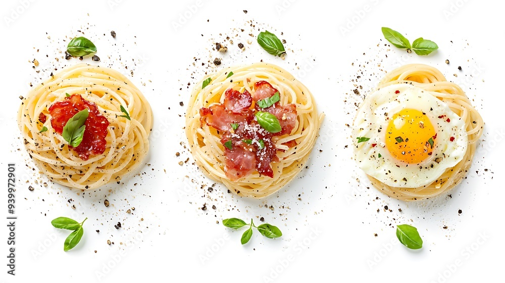 Wall mural Set of 3 dish spaghetti carbonara with crispy pancetta, egg and parmesan cheese isolated on white background.