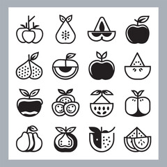 Fruits silhouette icon set, symbol style, Fruits Apple, banana, orange, mango, grape, pineapple, strawberry, watermelon, pear, cherry, kiwi, blueberry, papaya, peach, pomegranate silhouette