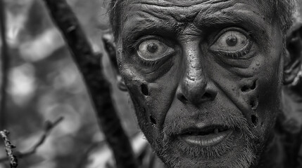 The Haunting Gaze: A chilling close-up of a weathered face, its eyes wide with a haunting intensity, embodying fear, suspense, and the macabre.  