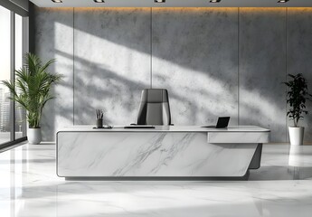 Modern Marble Desk In Minimalist Office Interior.