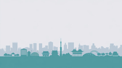 Naklejka premium A minimalist vector illustration of the Japan Tokyo skyline in a white background. The design uses simple shapes and lines. There Are silhouettes of buildings in grey and turquoise.
