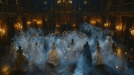 Mysterious Ghostly Figures Dancing in a Smoke Filled Palace Ballroom
