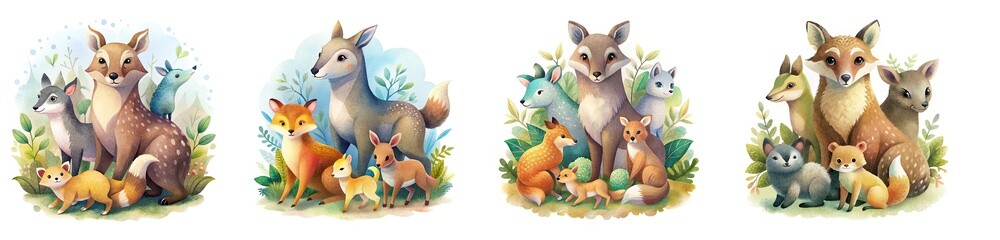 Naklejka premium Watercolor illustration of woodland animals with babies and mothers, white background