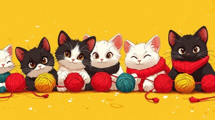 Fototapeta premium Cute Kittens Playing with Yarn Balls
