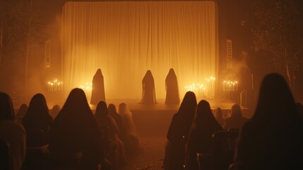 Silhouette of People in Hooded Robes Watching a Ritual in a Foggy Atmosphere