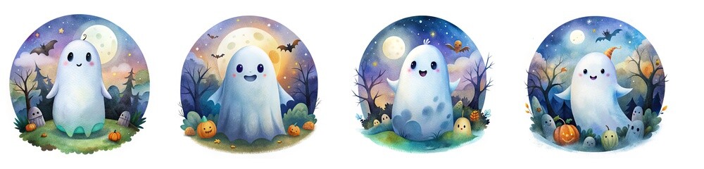 Obraz premium Watercolor cute ghost in a spooky Halloween scene, white background