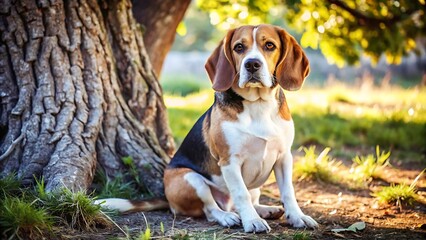 Portrait of Beagle Dog Sitting Under a Tree