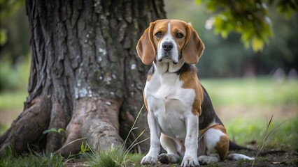 Portrait of Beagle Dog Sitting Under a Tree