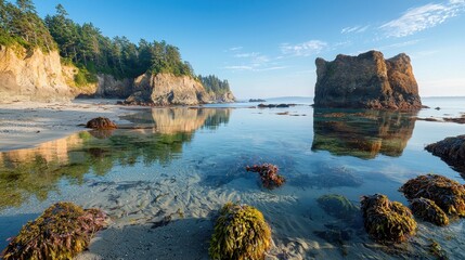 Seaweed Covered Shore with Rocky Cliffs and Reflections at Sunset