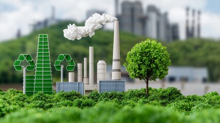 Sustainable green energy factory landscape with wind turbines, solar panels, and a tree representing renewable clean power and environmentalism