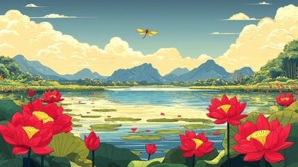 Serene Lotus Lake Landscape with Dragonfly