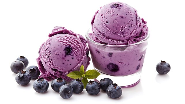 Blueberry ice cream freppe in glass isolated on white background.
