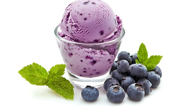 Blueberry ice cream freppe in glass isolated on white background.