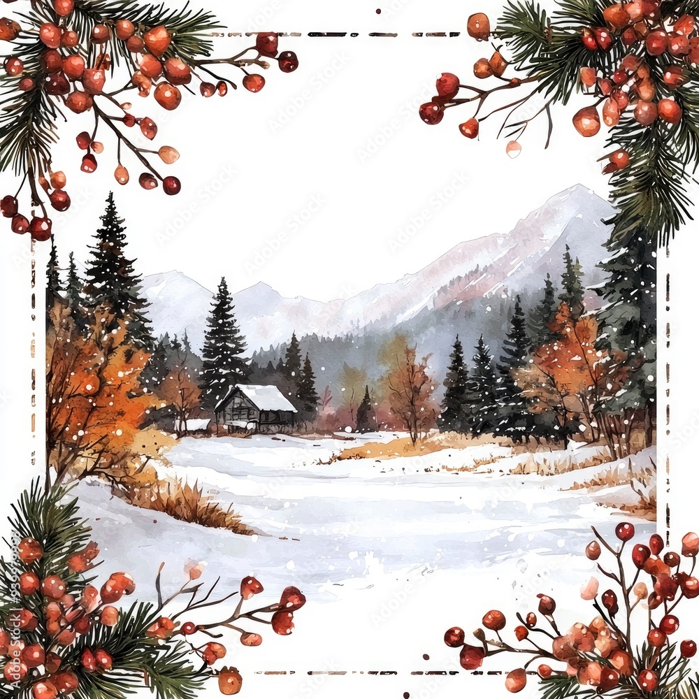 Wall mural Watercolor Winter Wonderland with Cabin and Evergreen Border