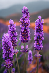Obraz premium Close-up of blooming lavender flowers in a vibrant field with scenic mountain backdrop 