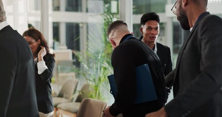 Success, handshake and business people at corporate seminar with opportunity, meeting or b2b deal. Introduction, men and woman shaking hands, networking or connect at conference for onboarding growth
