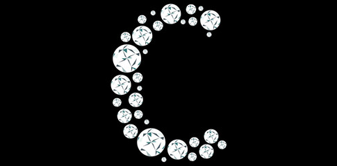 Silver Rhinestone Diamonds Alphabet Letter C Luxury Text Design Vector Illustration, Capital Diamonds Letter C On Black Background.	