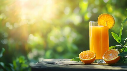 Orange juice in glass and fresh orange on blur green nature background,with copy space for beverage in summertime.