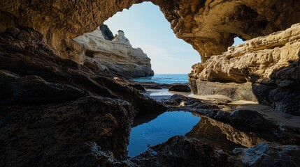 Sea Cave With Blue Water Reflection and Rocks