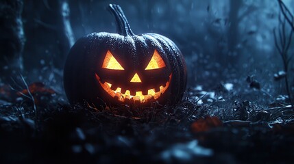 Naklejka premium Illuminated Jack o Lantern in Spooky Forest at Night