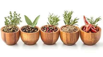 Fototapeta premium Different spicies and herb for cooking on wooden cup isolated on white background.
