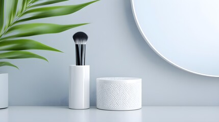 Naklejka premium Modern acrylic brush holder featuring geometric patterns, showcased in a chic and organized storage room with sleek furniture and vibrant accents