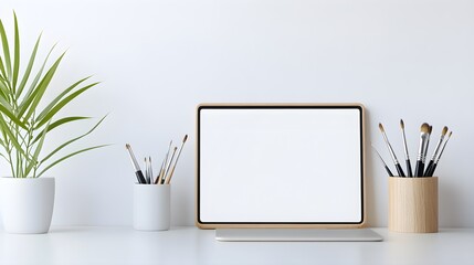 Modern desk setup featuring a wooden brush holder, a digital tablet display, and assorted paints. Cozy studio vibes with warm light