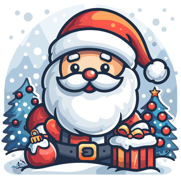 recommend clip art: Santa Claus with presents and christmas tree, vector cartoon illustration.