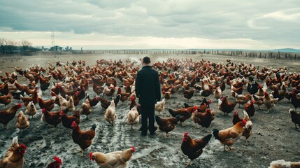 A person standing among a large group of chickens