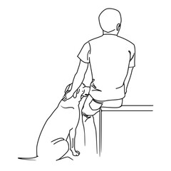 A man patting his pet dog while both sitting down and looking off into the distance in line drawing illustration for dog lovers