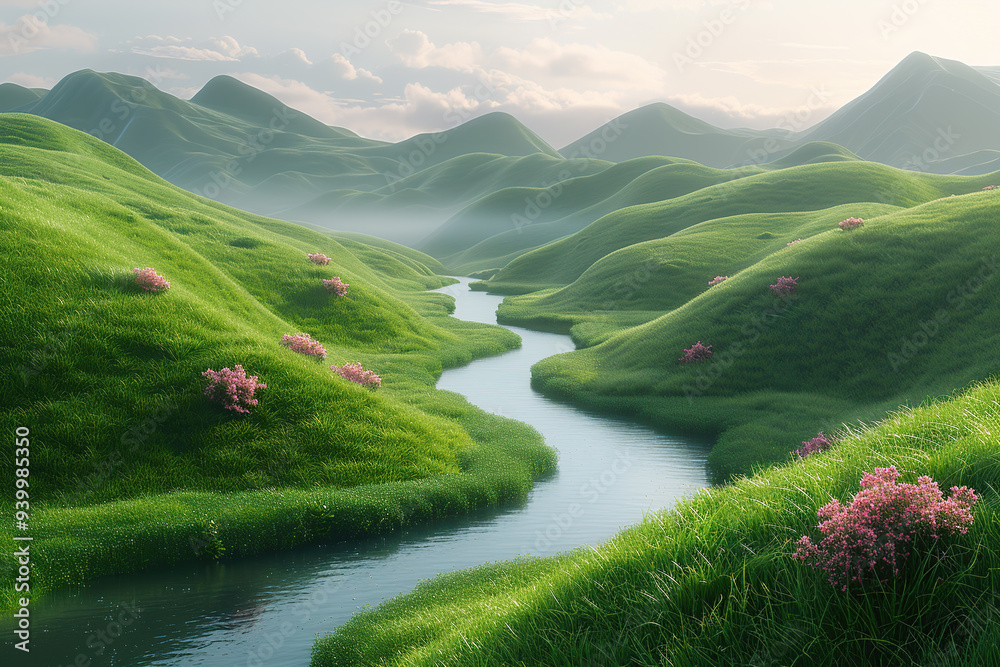 Wall mural Serene River Winding Through Lush Green Hills