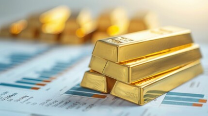 Close up image showcasing a stack of shimmering gold bars strategically placed on top of financial documents representing the concept of secure investment wealth accumulation and financial prosperity