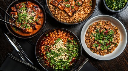 Asian Food Dishes on Wooden Table with Chopsticks