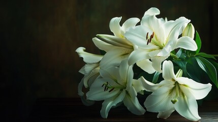 Fototapeta premium A bouquet of white lilies placed on a dark wooden table, with soft light highlighting their petals