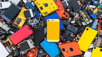 Colorful assortment of old discarded and broken electronic devices like phones, tablets, and gadgets in a pile of technological waste