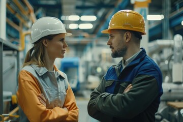 Two construction workers wearing hard hats stand together, possibly on a job site or at an event