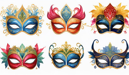Set of Mardi Gras Carnival venetian mask clipart,  illustration, isolated on white background