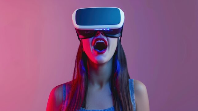 Woman Wearing VR Headset with Amazement and Excitement