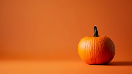 Pumpkin on orange background with copyspace. Autumn background