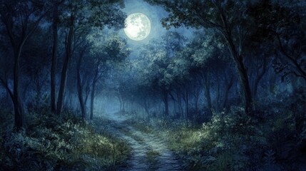 A dark, misty forest with a narrow path leading into the unknown, illuminated by moonlight