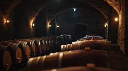 A dark wine cellar with rows of barrels, illuminated by soft light