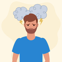 Man Struggling with Stress and Anxiety Depicted by Storm Clouds