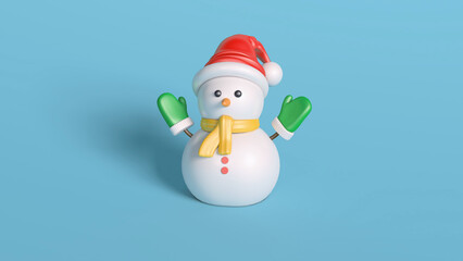 Cute Snowman with Santa Hat and Mittens on Blue Background