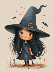 Vector illustration of a beautiful girl in a witch's hat. Halloween