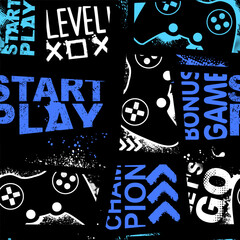 Seamless abstract pattern with joystick game and graffiti words. Bright colorful  vector Print for boys. © artlavi_design