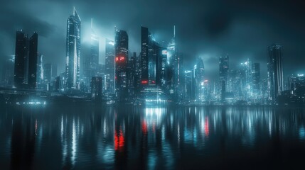 A futuristic city skyline glowing against a dark night sky, with reflections on a river