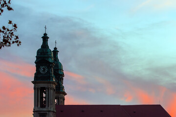 The main attraction of the city PAPA, Hungary, Veszprem district against the sky in sunny weather. Church of the Holy Martyr Stephen. Religion, prayer. Cathedral of the 18th century. Nagytemplom