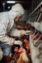 A person wearing a white jacket feeds domesticated chickens
